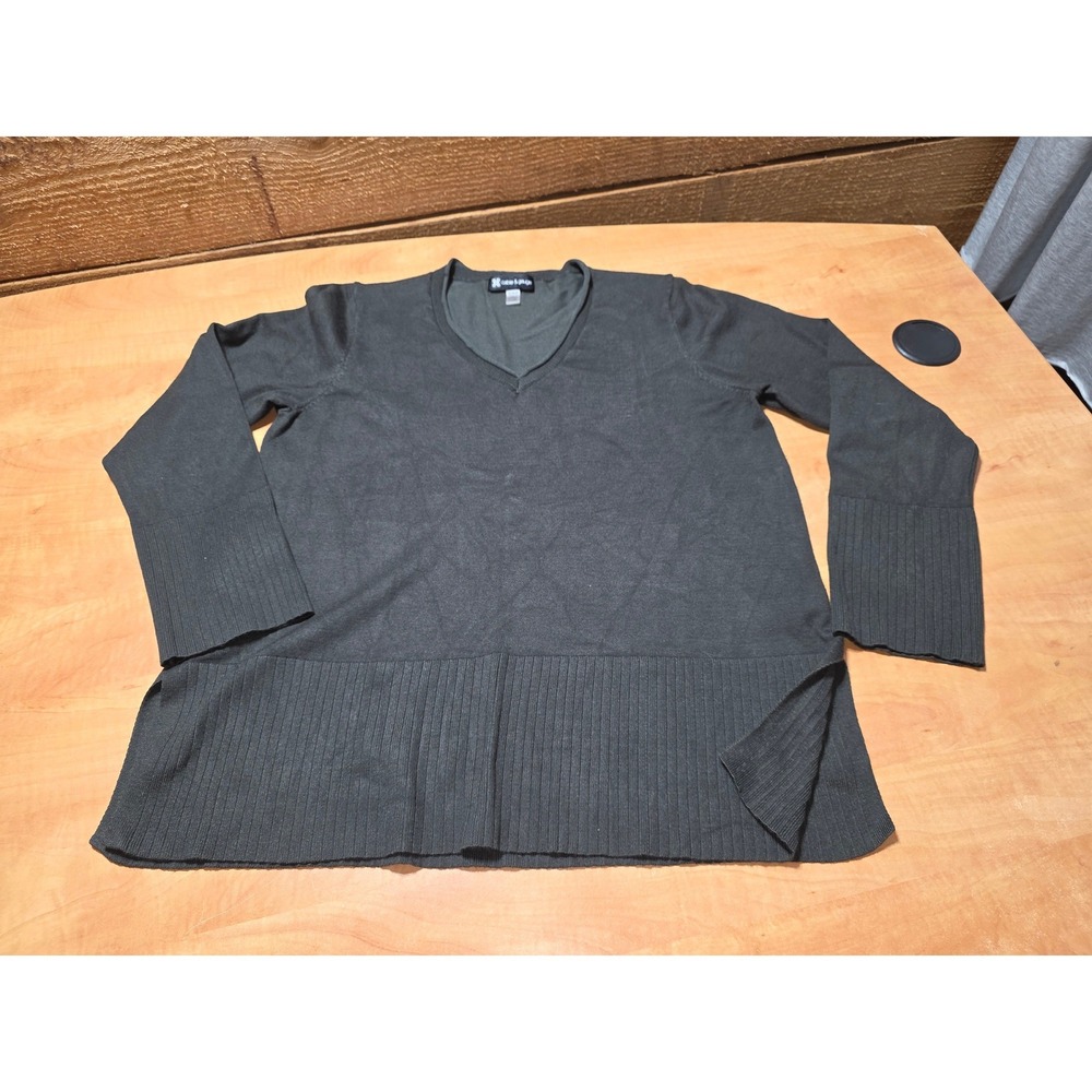Cable & Gauge Women XL Dark Green Gray V-Neck Ribbed Hem Side Slit Sweater